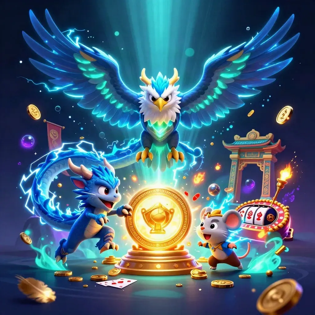 Thunder dragon, wind hawk, and static mouse guarding a glowing gold casino talisman in neon light