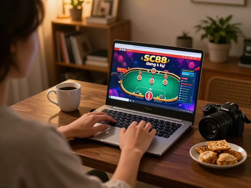 Engaging online gaming scene showcasing SC88 đăng ký on a laptop, highlighting cozy atmosphere and strategic play.
