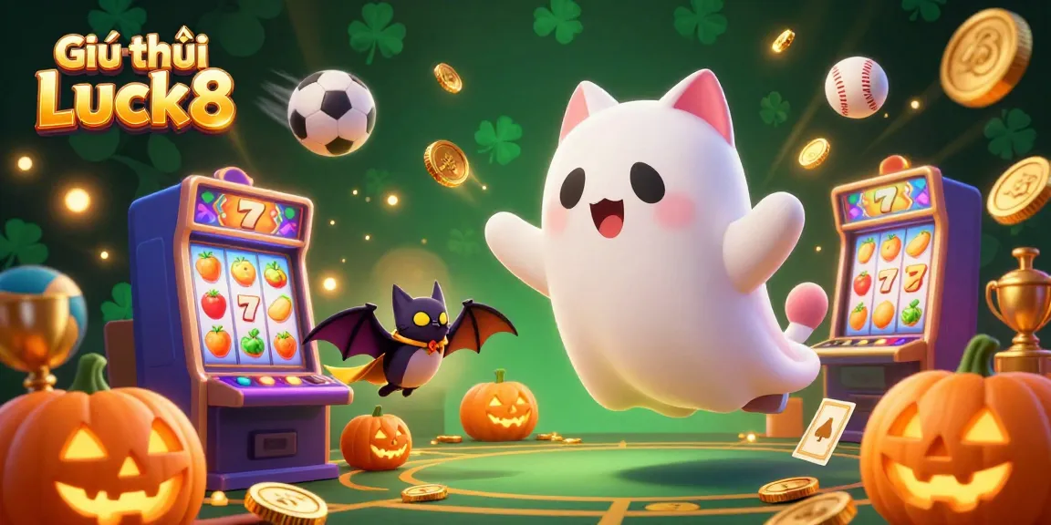 Experience Giới thiệu Luck8 through an engaging 3D illustration showcasing a ghost cat and vampire bat in a vibrant casino filled with exciting slot machines and sports elements.