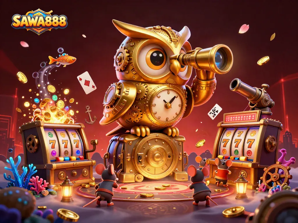Experience thrilling casino action with SAWA888's vibrant 3D scene featuring characters and gaming elements.