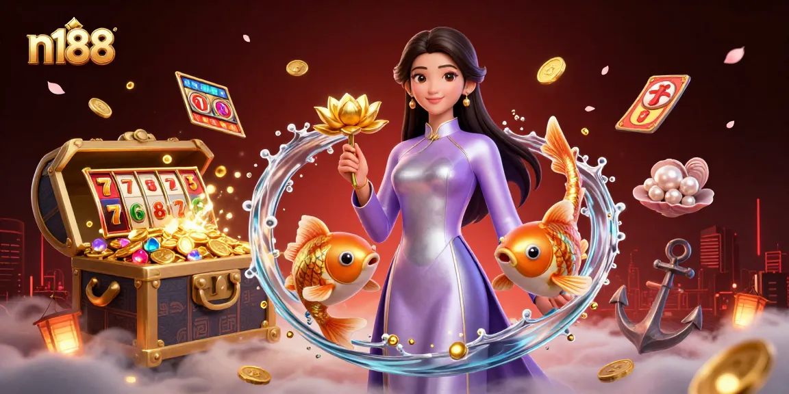 Engage in thrilling gameplay with n188, featuring a mesmerizing Asian woman in a vibrant casino scene.
