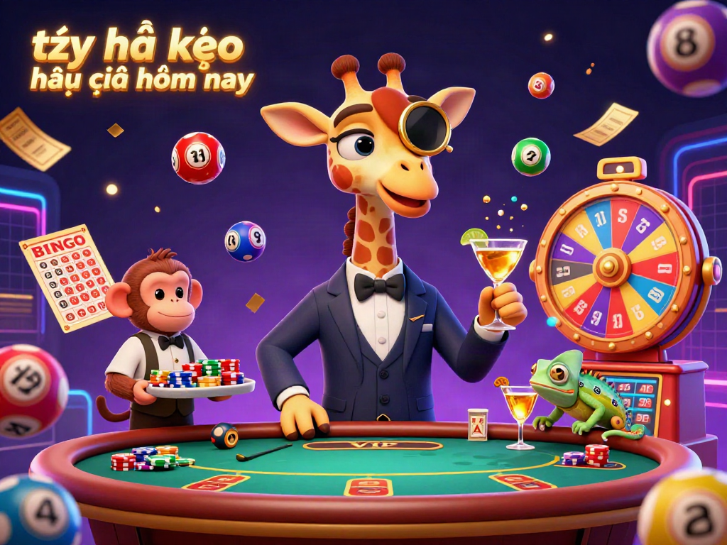 Experience thrilling action in tỷ lệ kèo nhà cái hôm nay with a vibrant scene of a high-roller giraffe and gambling excitement.