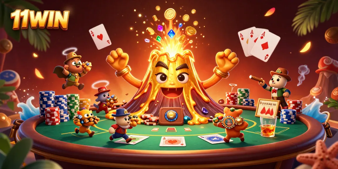 Experience the thrill of winning at 11WIN with a vibrant casino scene showcasing treasures and poker action.