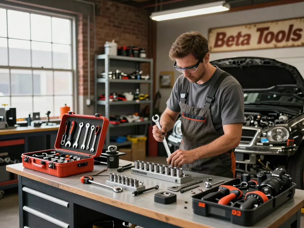 Mechanic using beta tools usa in a professional automotive workshop environment, showcasing high-quality hand tools and a dedicated workspace.