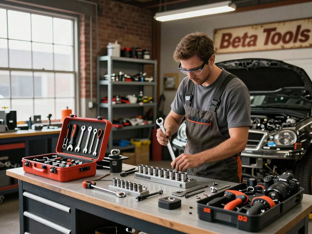 Mechanic using beta tools usa in a professional automotive workshop environment, showcasing high-quality hand tools and a dedicated workspace.