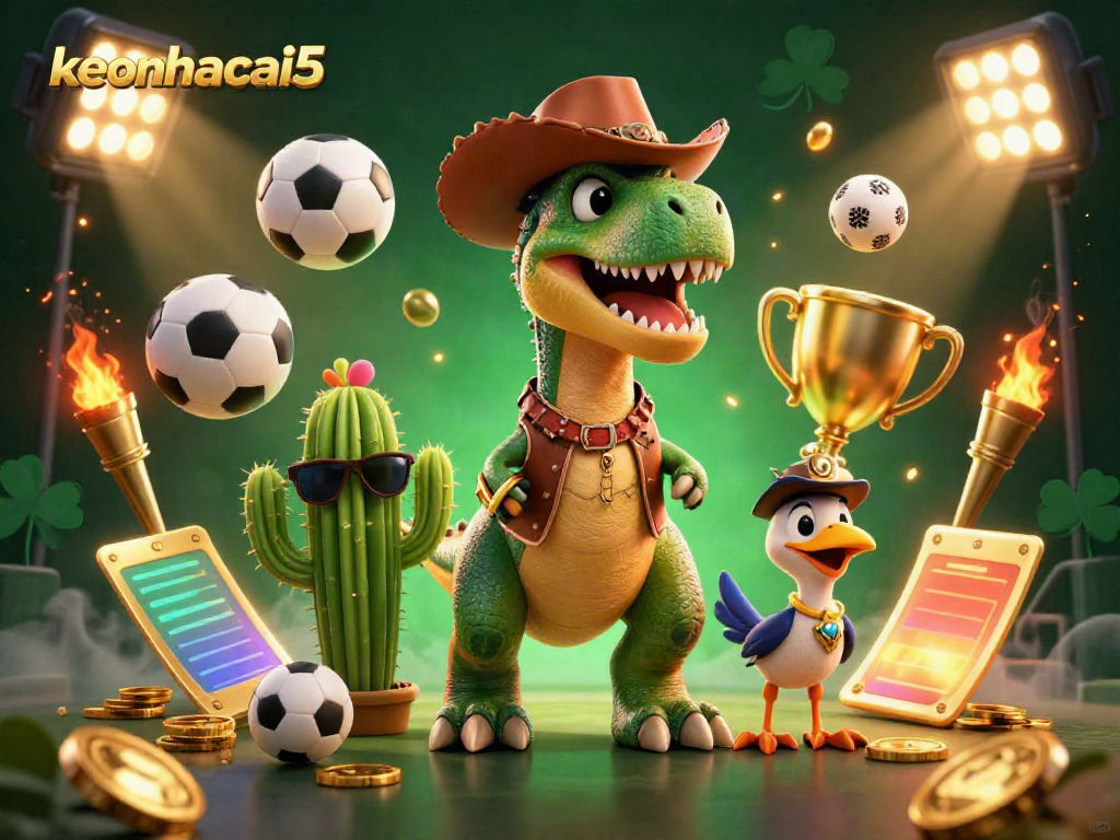 Betting on sports with keonhacai5 platform featuring dynamic sports elements and characters.