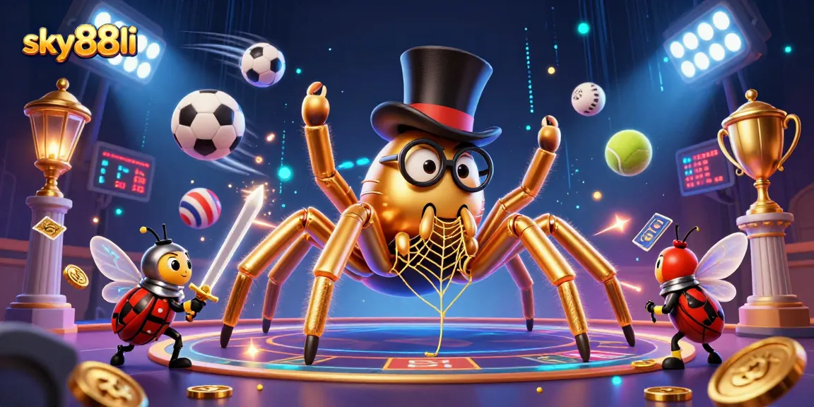 Engage with sky88li as a brilliant cartoon scene illustrates a golden tarantula and knight amid dynamic sports betting action.