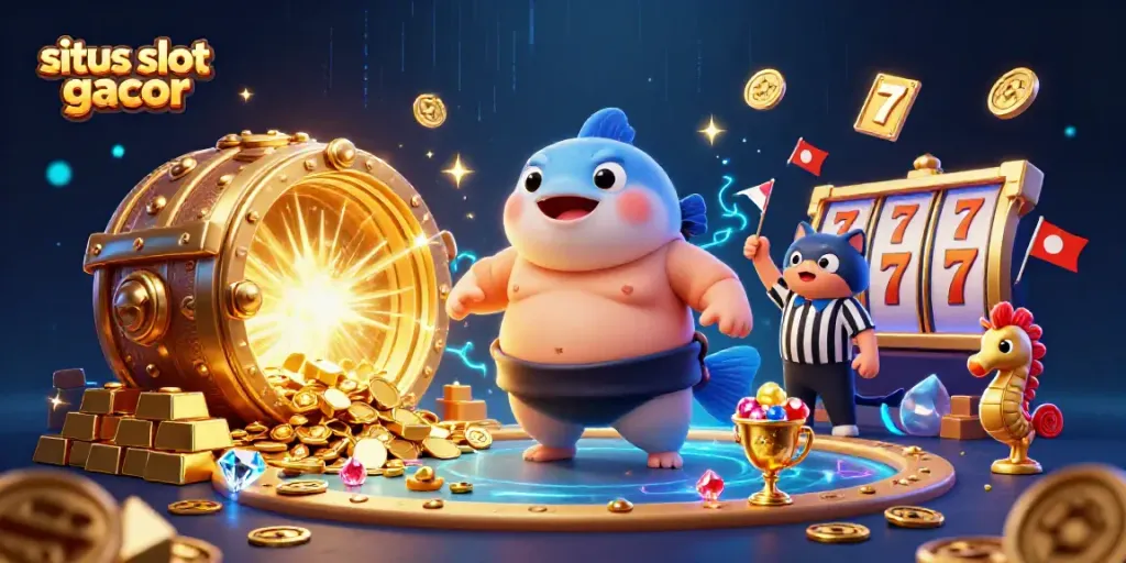 Experience the fun of situs slot gacor with a vibrant 3D illustration of casino-themed sea creatures!