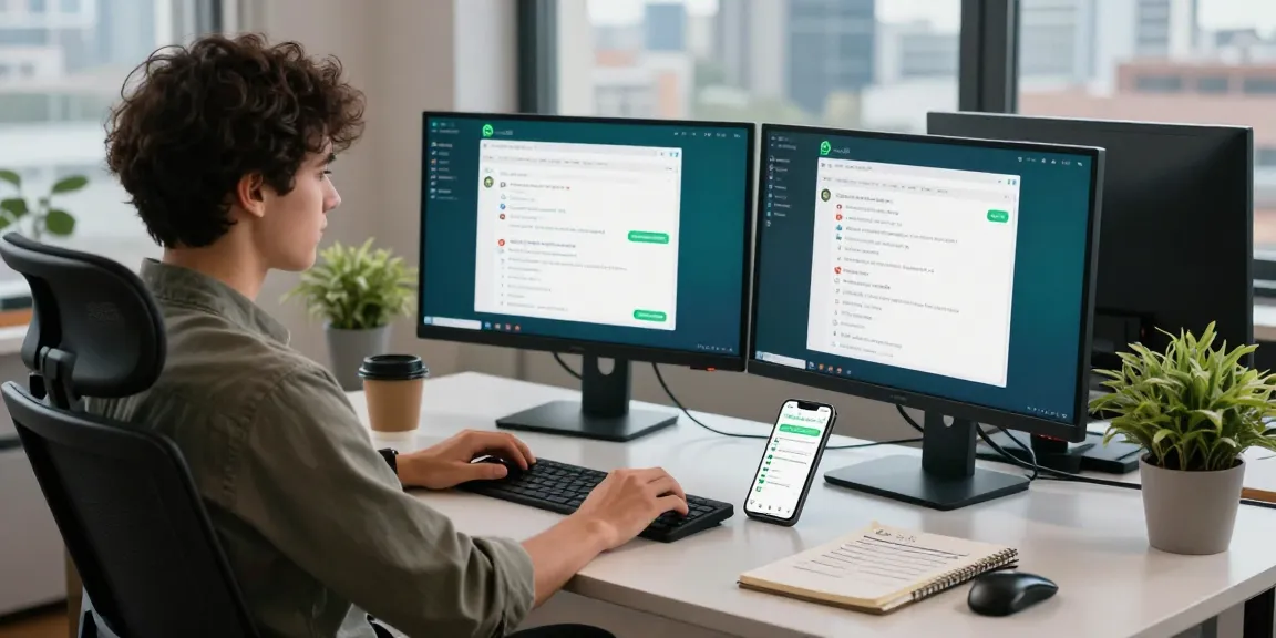 Stay connected with WhatsApp電腦版 on a modern workspace setup with dual monitors.