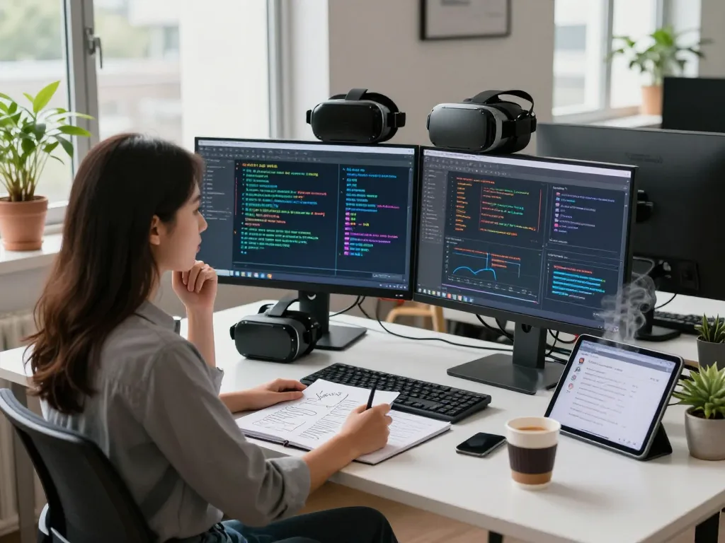 Innovative workspace showcasing an AI researcher exploring ethical implications of sex AI technology.