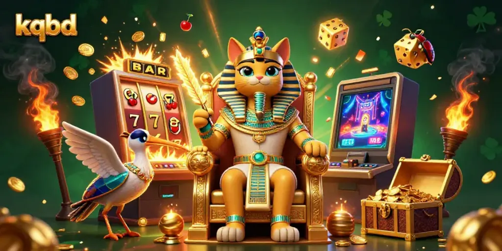 KQBD's Egyptian pharaoh cat character amidst a vibrant casino scene featuring slot machines and golden treasures.