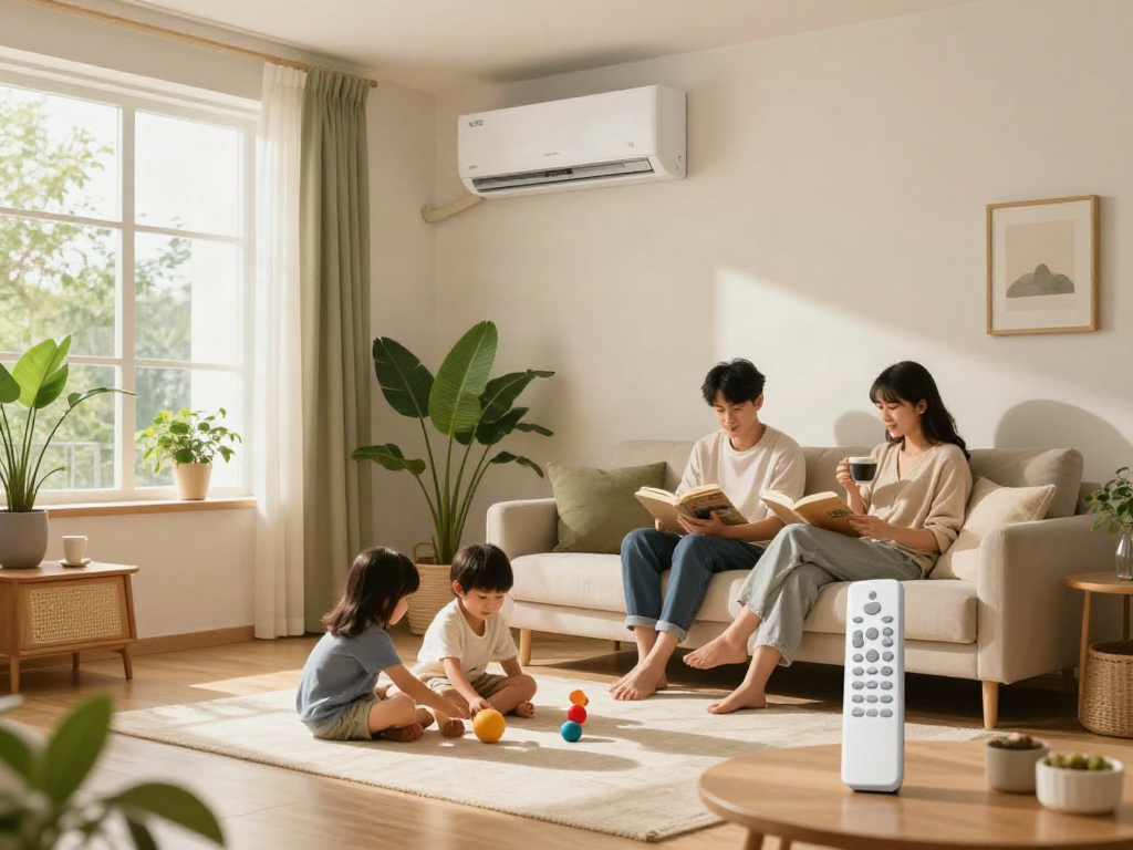 Family enjoying comfort in a cozy living room with a mini split ac unit, highlighting modern home cooling solutions.