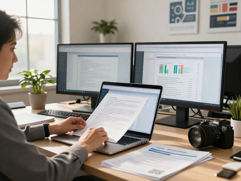 Analyst reviewing document fraud detection software in a bright modern office environment with digital alerts.