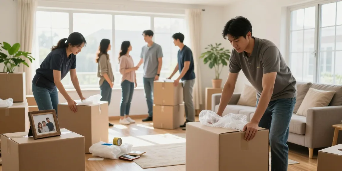 Moving Company professionals packing a family's belongings in a bright living room.
