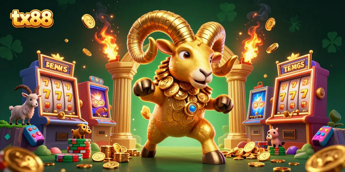 Experience thrilling wins at tx88 with a dynamic scene featuring a golden ram and slot machines.